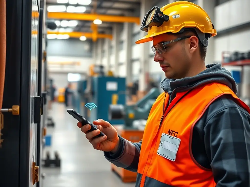 An image depicting a worker in an industrial setting using a mobile device to scan an NFC tag on a piece of equipment. The background shows a well-organized and efficient workspace, highlighting the benefits of process optimization.