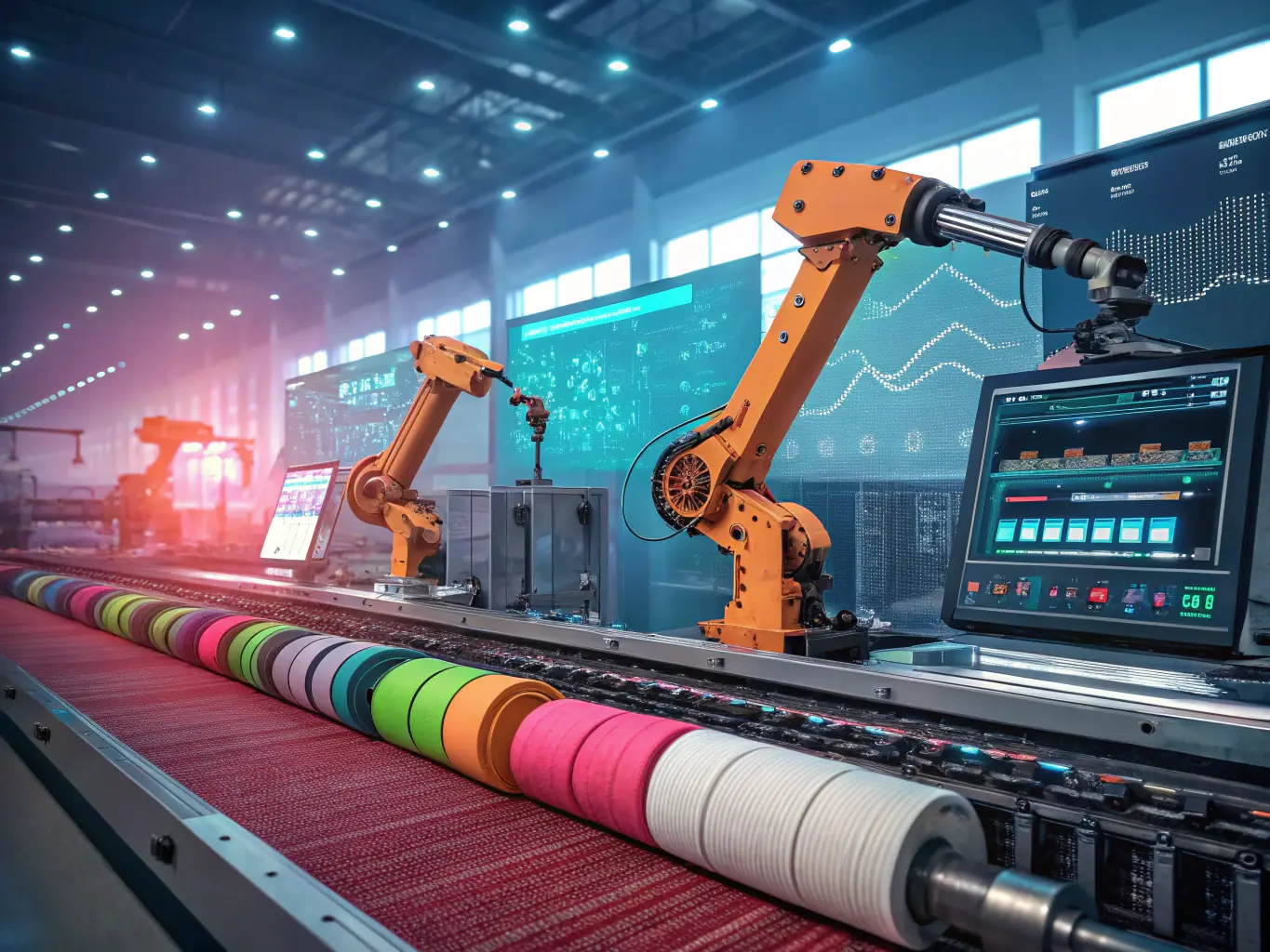 A visual representation of sustainable practices enabled by NFC technology, such as reduced waste in a textile factory and optimized resource usage in an industrial setting. The image conveys the environmental benefits of using KIMA NFC Solutions.