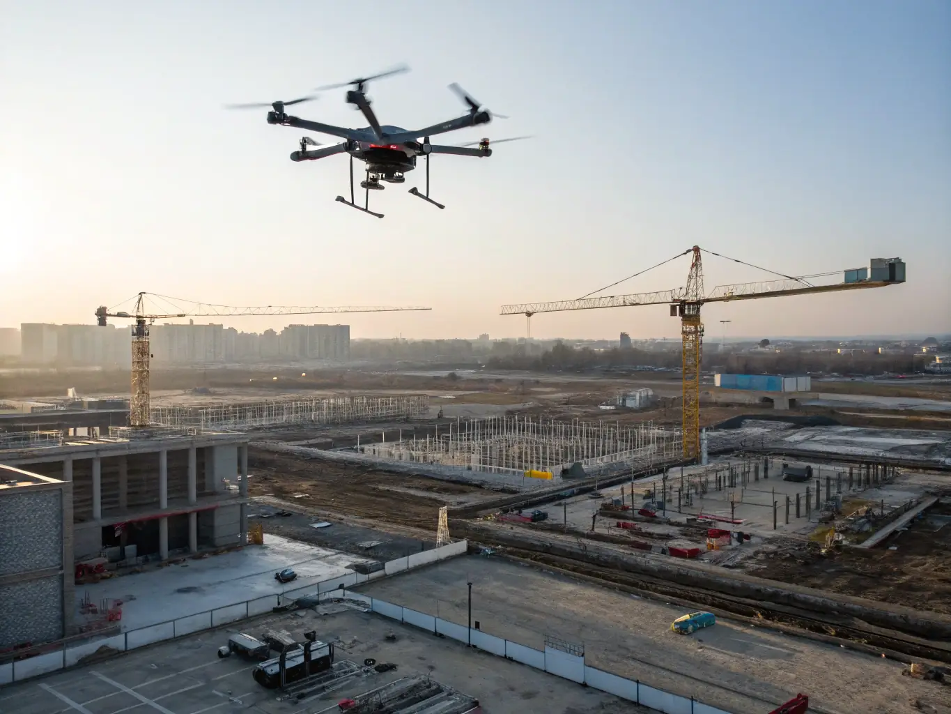 A drone equipped with an NFC reader scans a series of storage tanks in a large industrial facility. The drone is capturing data from NFC tags attached to each tank, providing a comprehensive overview of inventory levels and tank conditions.