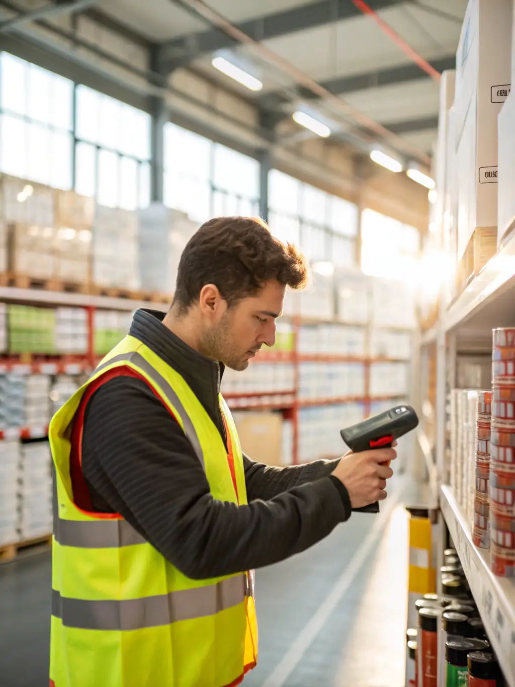 An image of NFC tags being used to track tools and equipment in an industrial setting, with a worker scanning a tag.
