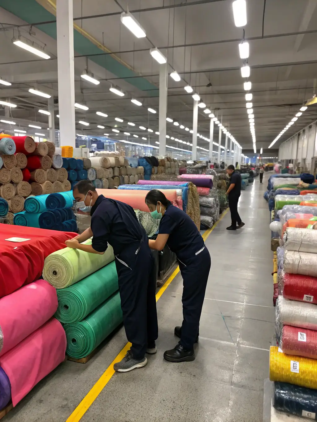 A textile warehouse scene with workers using handheld NFC readers to scan and manage inventory, highlighting efficient inventory management.