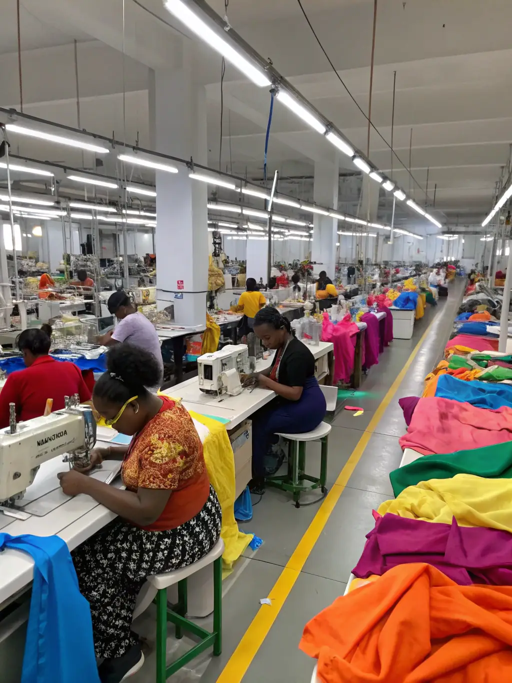 An image showing NFC tags attached to garments in a textile factory, with a tablet displaying real-time tracking data.