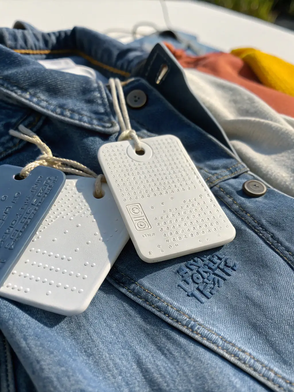 A close-up shot of an NFC tag being attached to a garment label in a textile factory, showcasing the initial step of garment tracking.