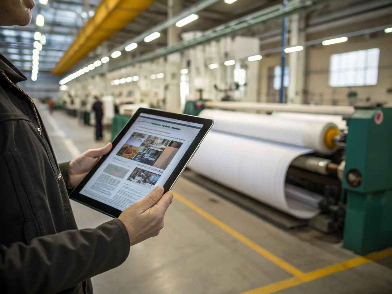 A close-up shot of an NFC tag being scanned on a garment in a textile factory, with a tablet displaying real-time tracking information in the background. The scene emphasizes the ease and efficiency of NFC technology in tracking inventory.