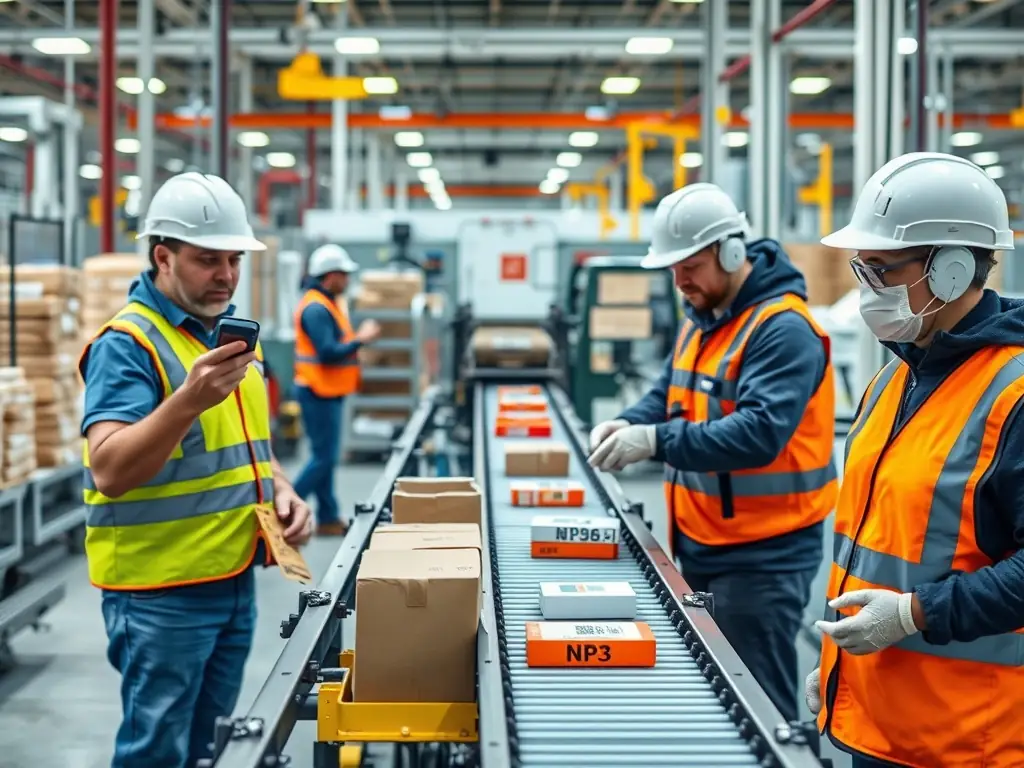 A worker in a manufacturing plant uses a handheld NFC reader to scan an NFC tag attached to a piece of equipment, with data being displayed on the reader's screen. The background shows a busy factory floor with various machinery and workers.