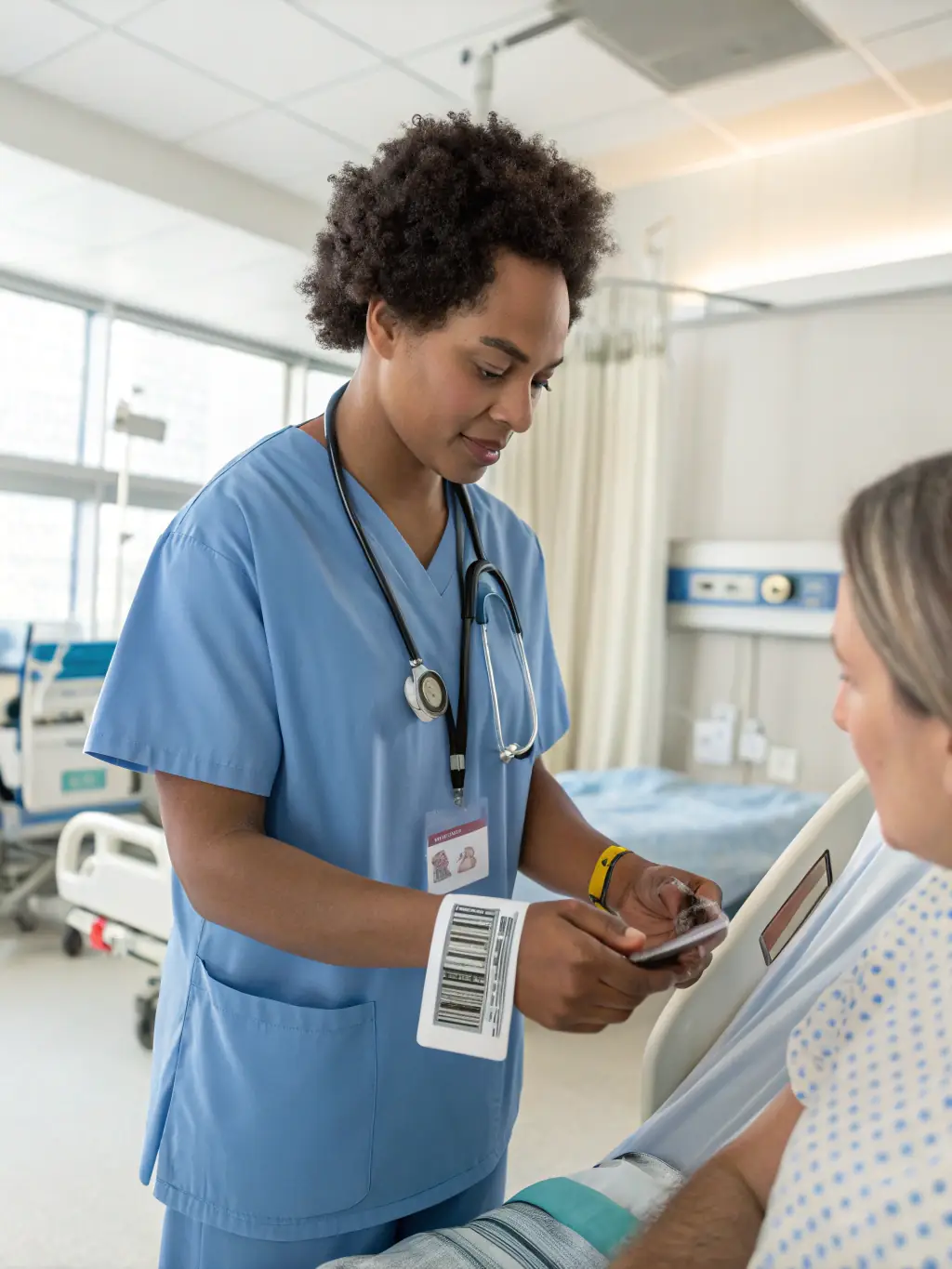 An image of NFC tags on uniforms in a healthcare setting, with a nurse scanning a tag for tracking purposes.